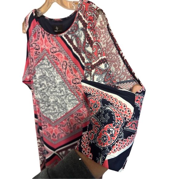 Ronni Nicole Women’s Size 10 Open Shoulder 3/4 Slv Lined Navy Printed Dress - Picture 5 of 16